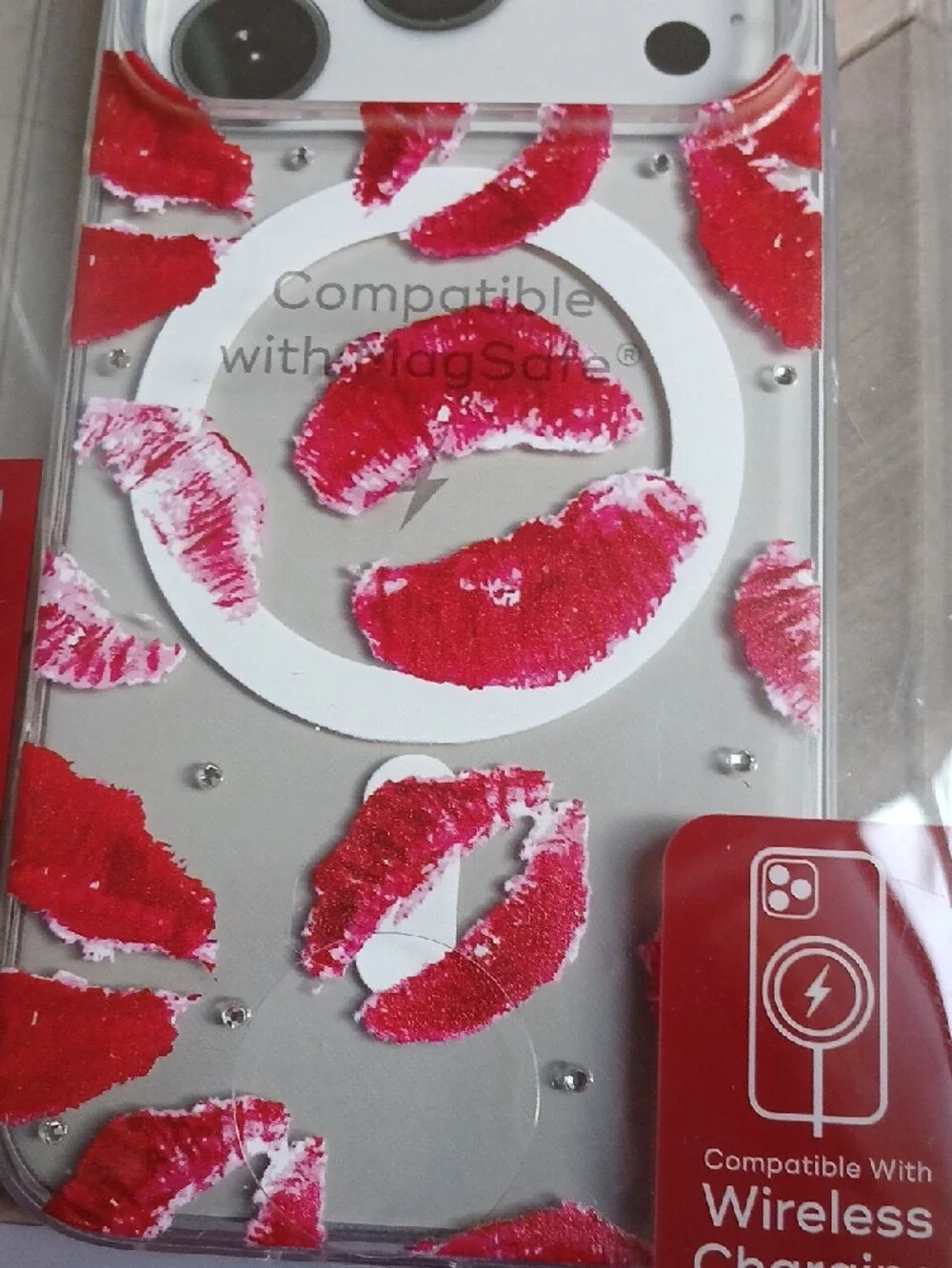 Clear Phone Case with Red Lip Print – Compatible with MagSafe